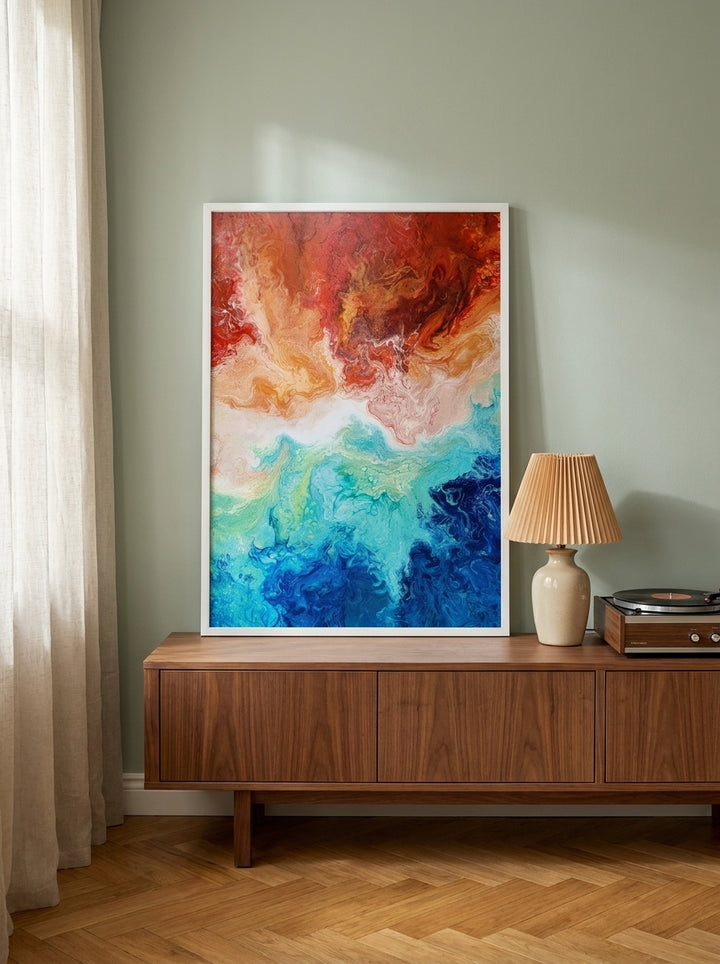 Modern wall art print standing on a sideboard in a mid-century living room