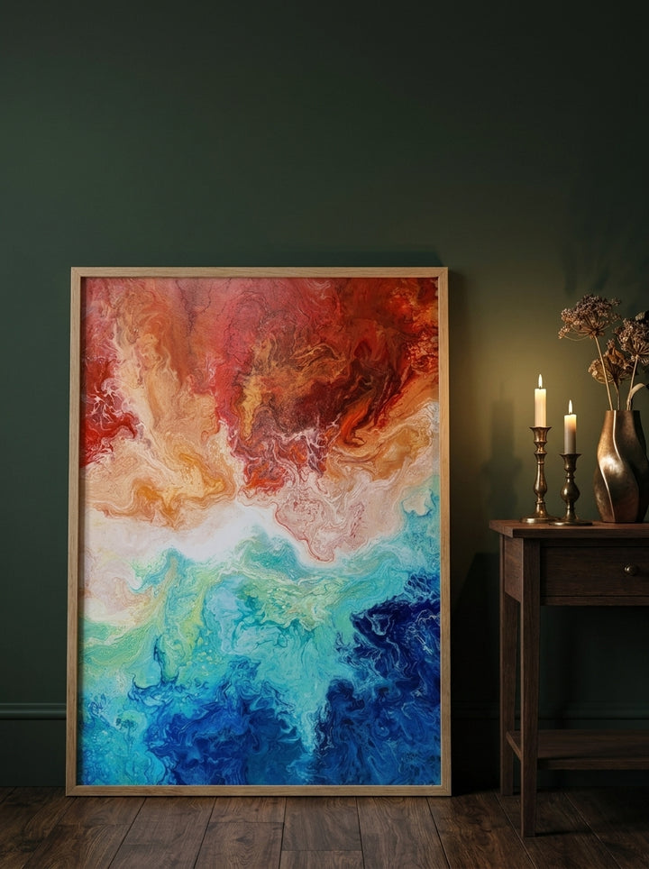 Modern wall art print leaning against the wall in a moody bedroom