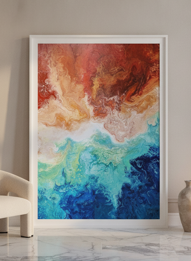 Oversized statement modern wall art print leaning against the wall in a luxe bedroom