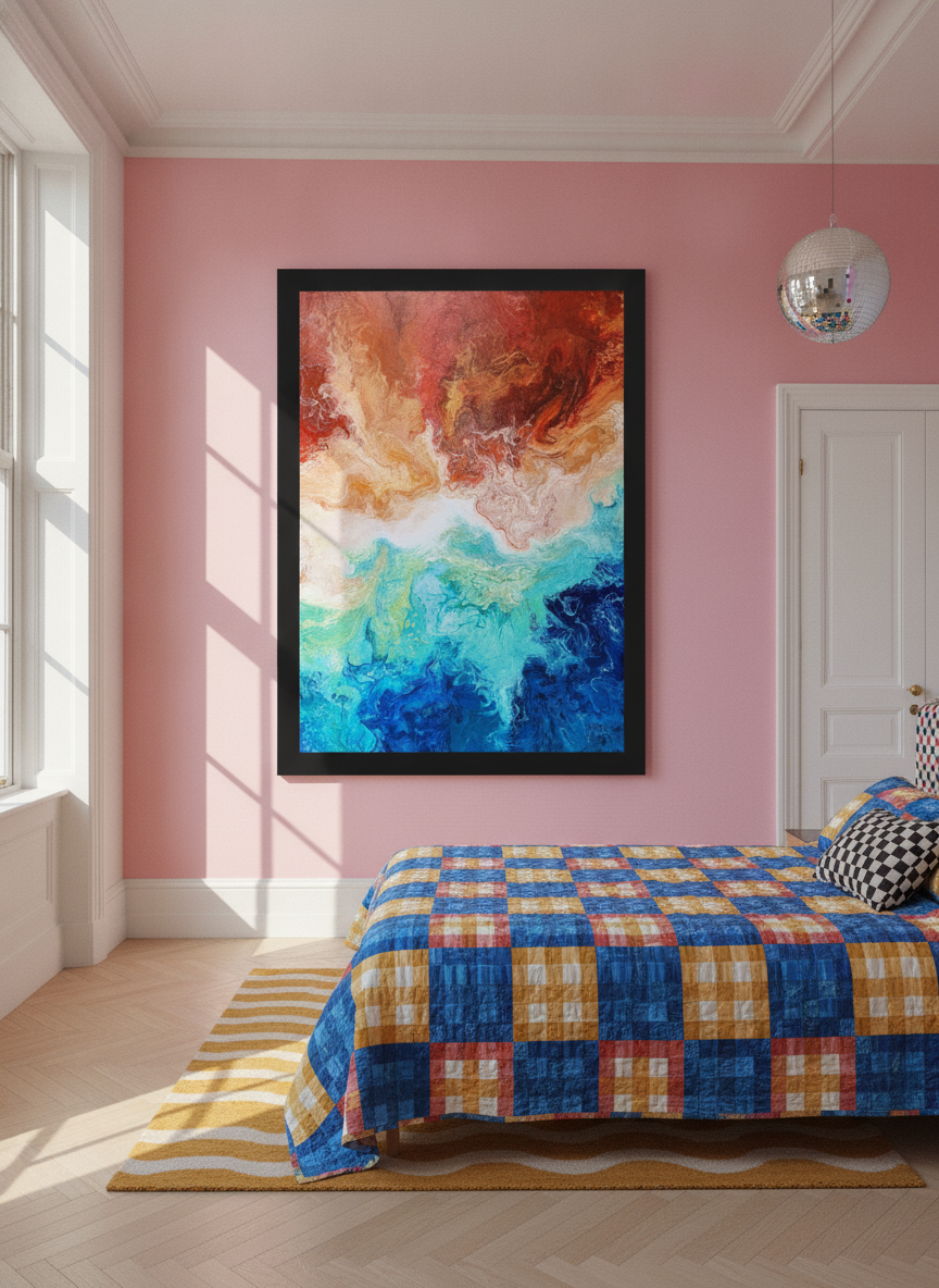 Oversized statement modern wall art print styled on the wall in a colourful eclectic bedroom