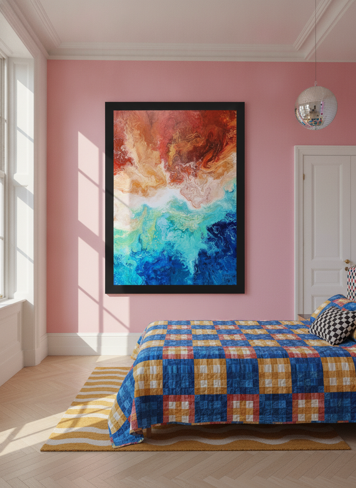 Oversized statement modern wall art print styled on the wall in a colourful eclectic bedroom