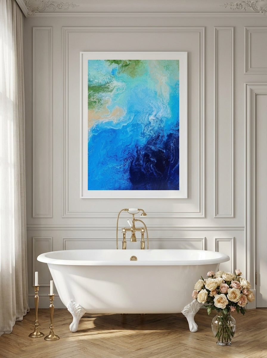 Modern wall art print styled on the wall in a Parisian bathroom
