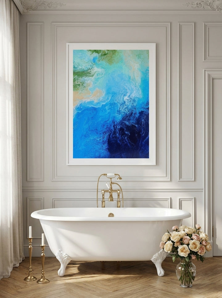 Modern wall art print styled on the wall in a Parisian bathroom