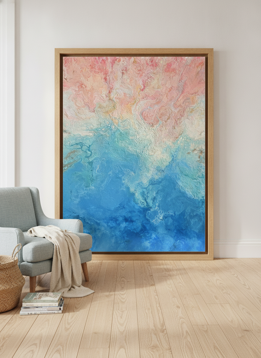 Oversized statement modern wall art print leaning against the wall in a coastal living room