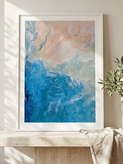 Modern wall art print standing on a console in a Mediterranean home office