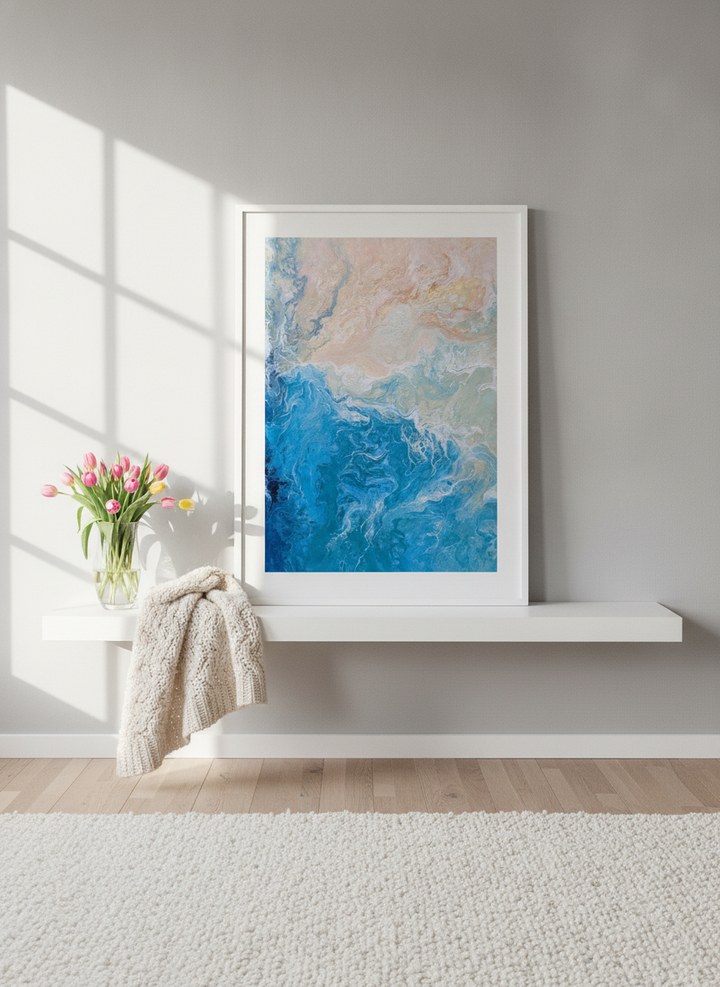 Modern wall art print standing on a shelf in a bright Scandinavian bedroom