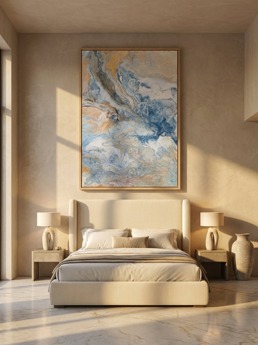 Oversized statement modern wall art print styled on the wall in a luxe bedroom