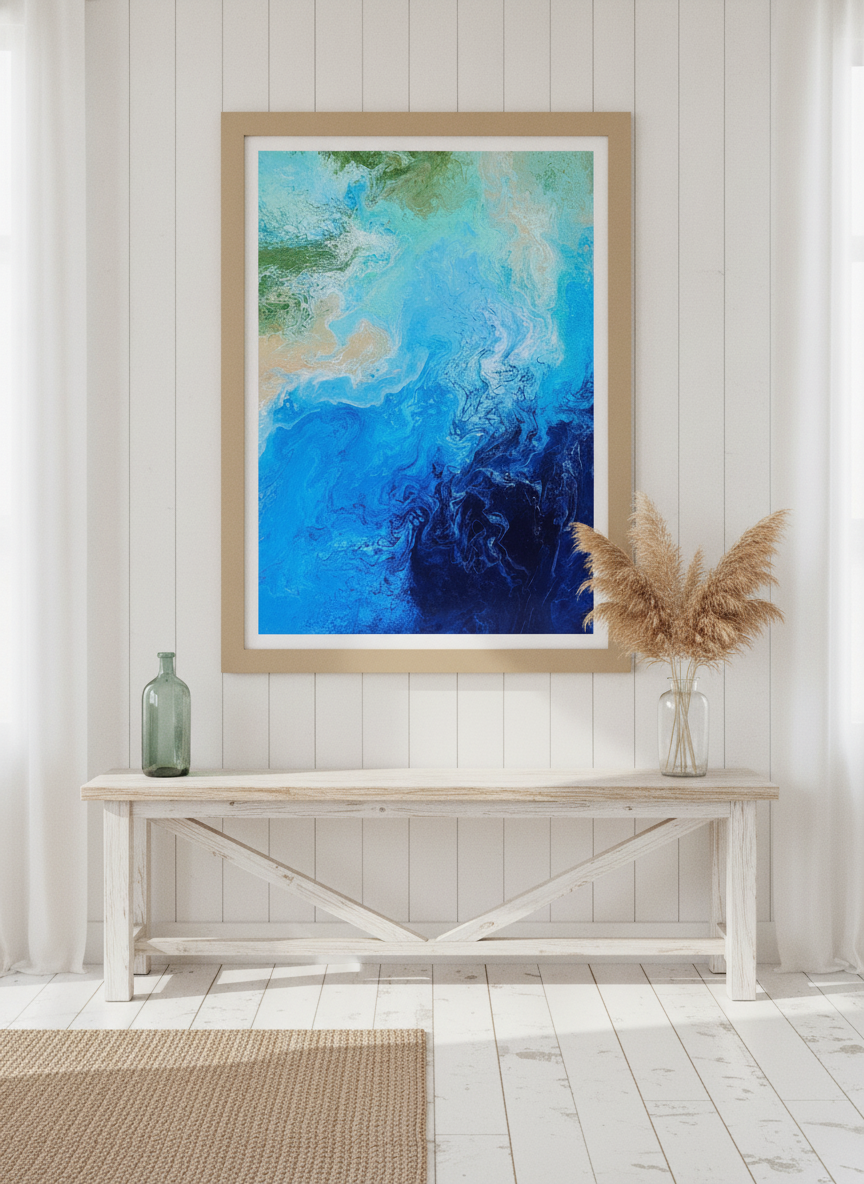 Modern wall art print styled on the wall in a coastal living room