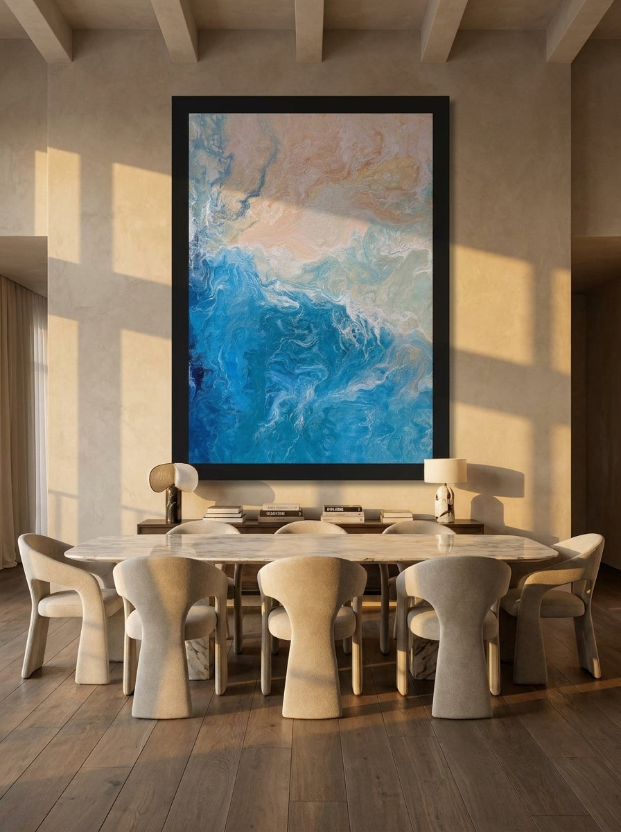 Oversized statement modern wall art print styled on the wall in a luxe dining room
