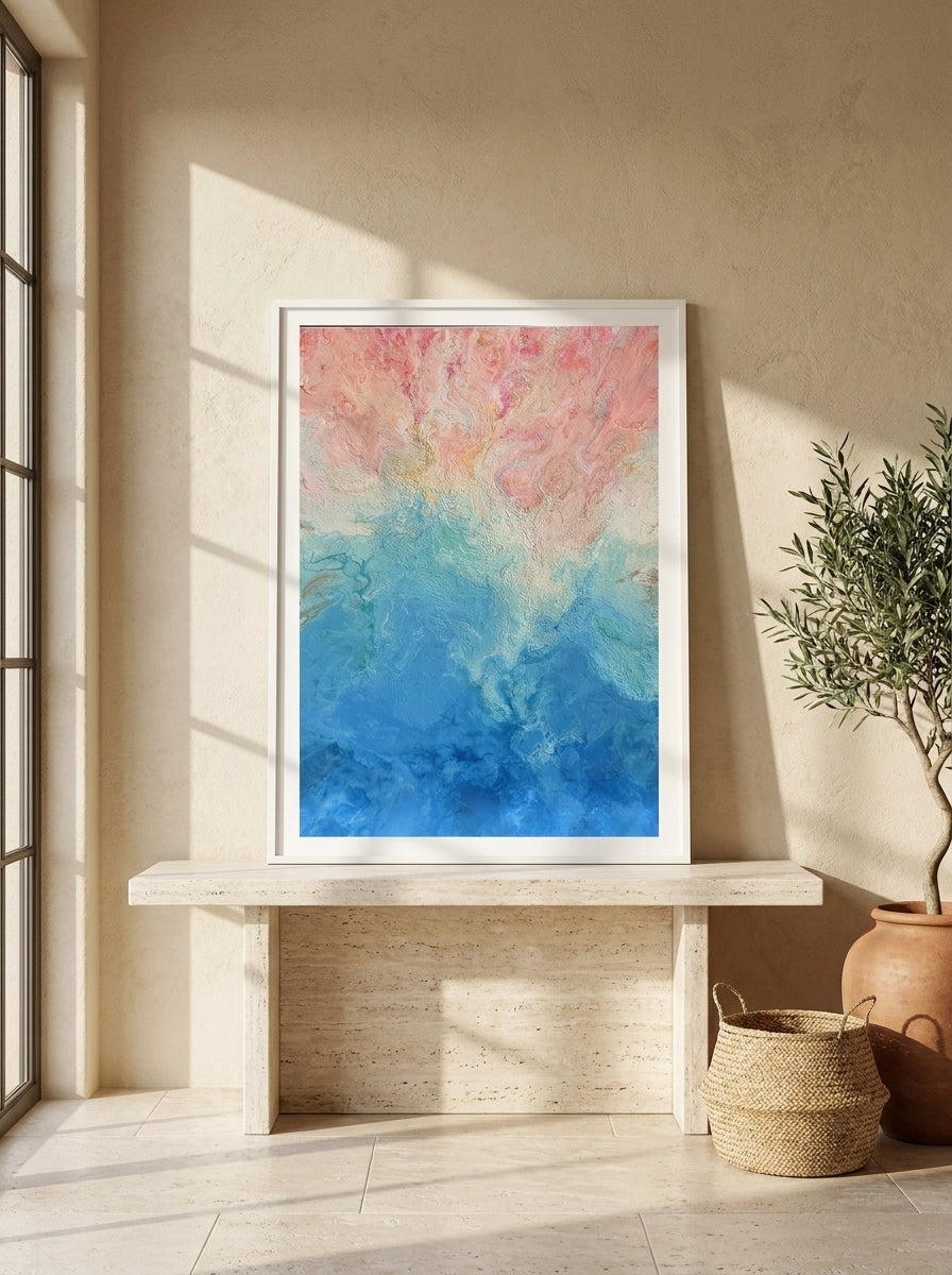 Modern wall art print standing on a console in a Mediterranean bedroom