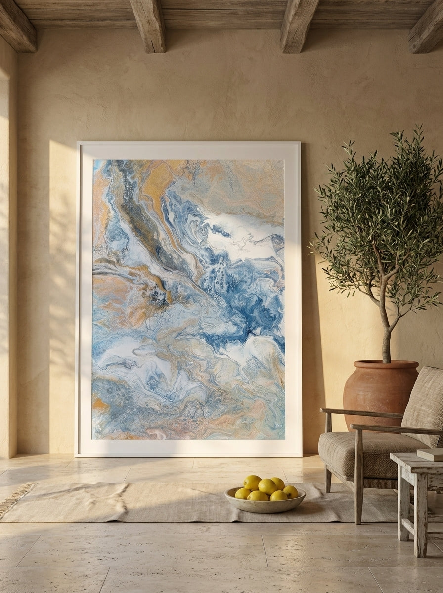 Oversized statement modern wall art print leaning against the wall in a Mediterranean living room