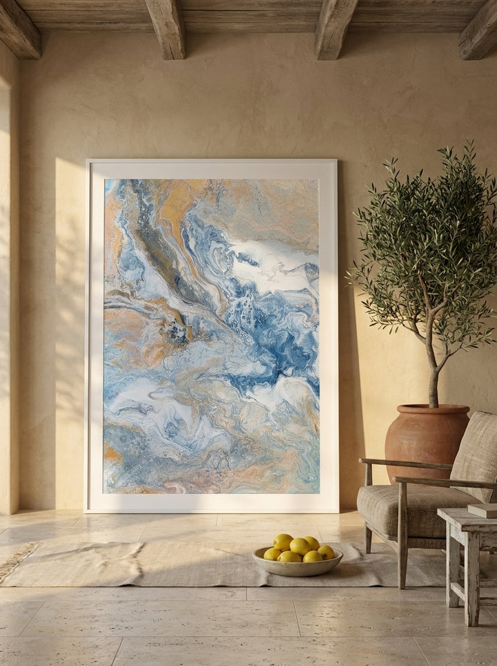 Oversized statement modern wall art print leaning against the wall in a Mediterranean living room