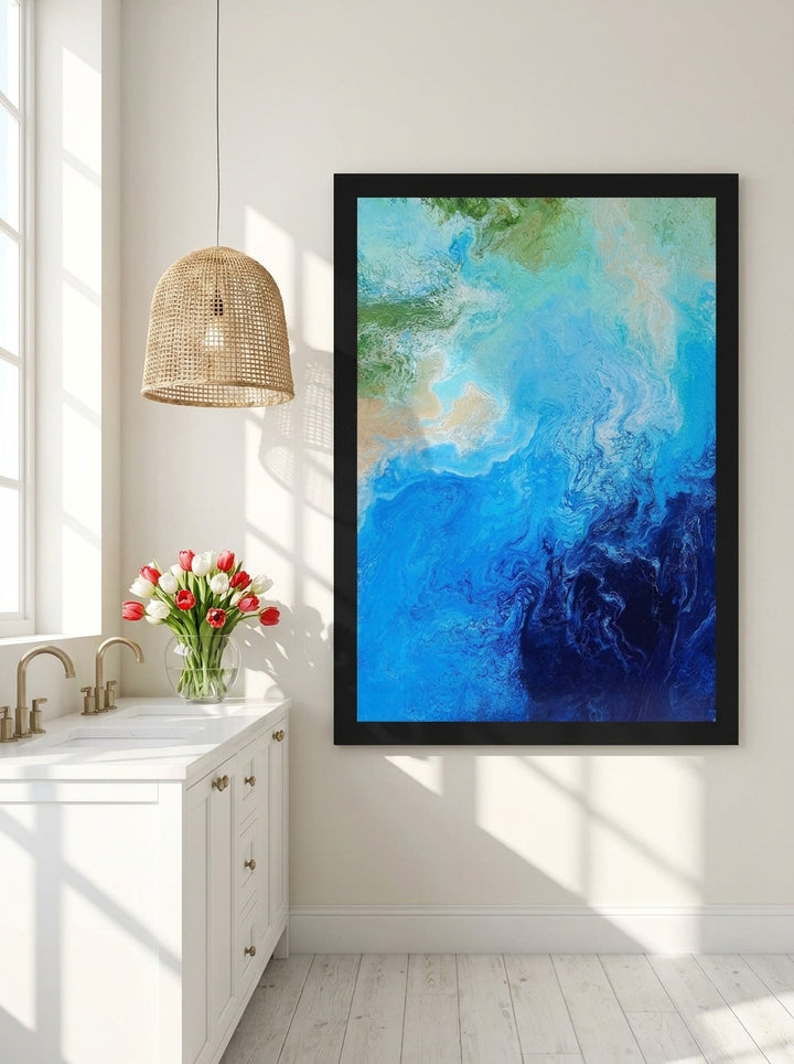 Oversized statement modern wall art print styled on the wall in a bright Scandinavian bathroom