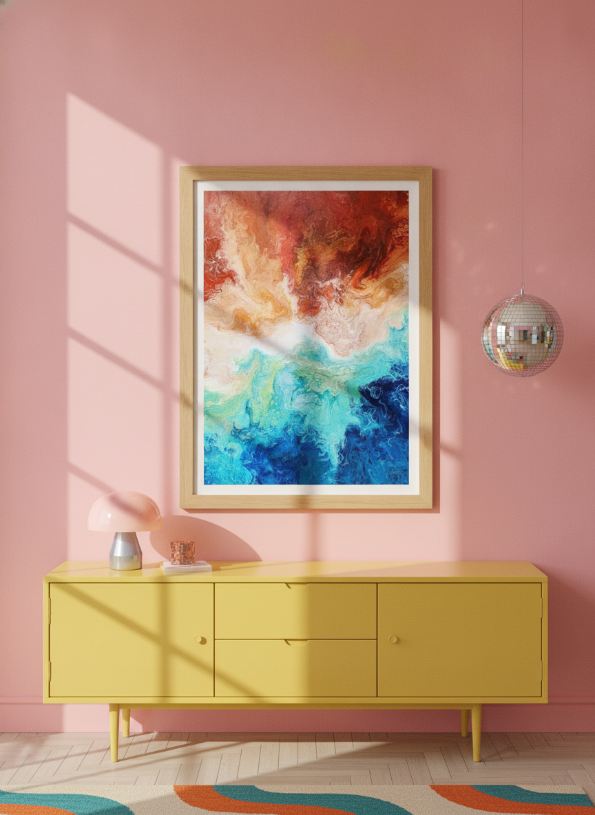 Modern wall art print styled on the wall in a colourful eclectic living room