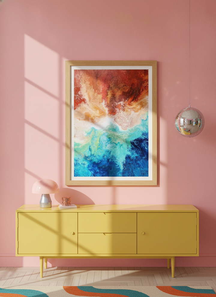 Modern wall art print styled on the wall in a colourful eclectic living room