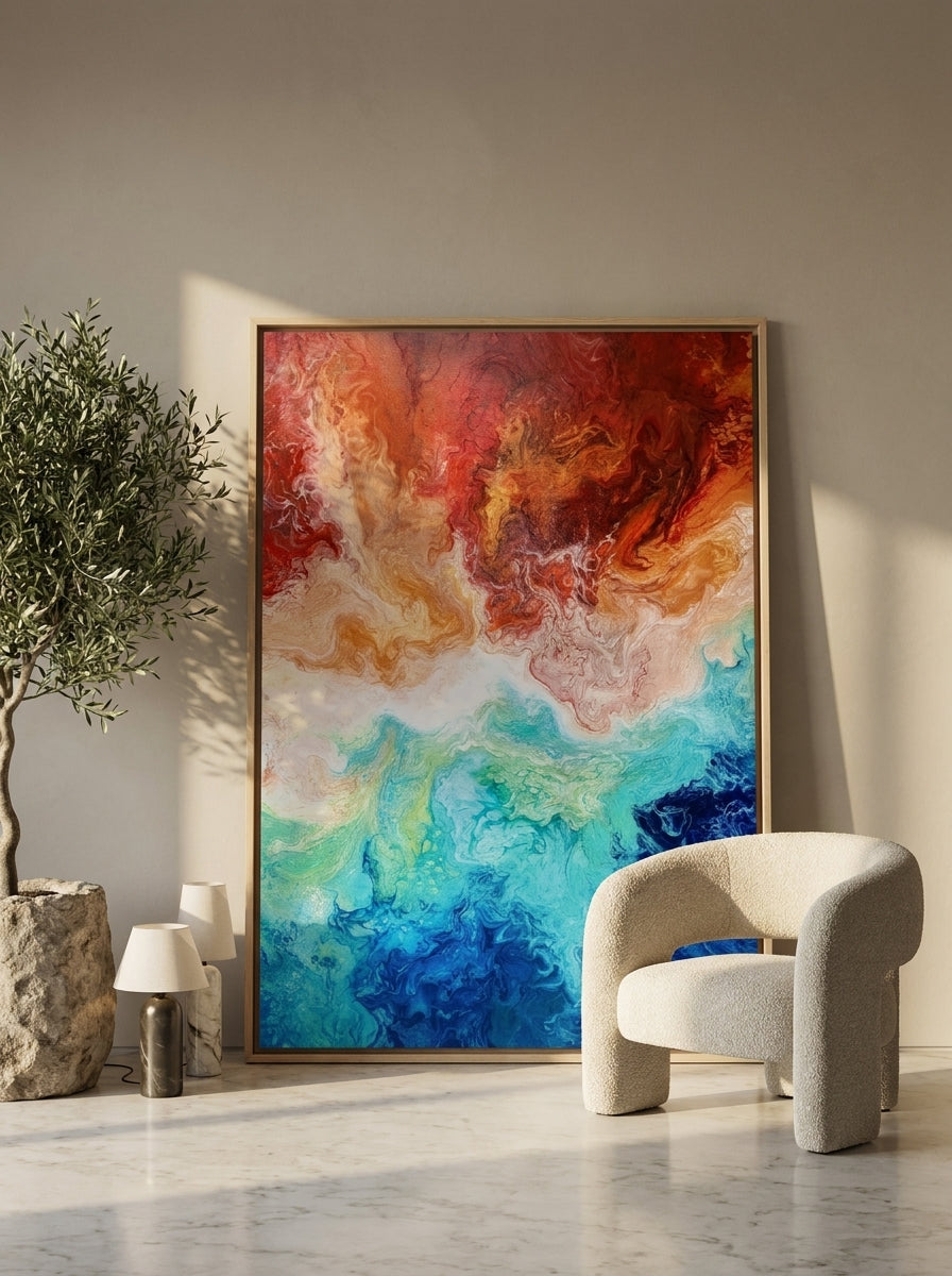 Oversized statement canvas wall art with a natural timber surround leaning against the wall in a luxe dining room