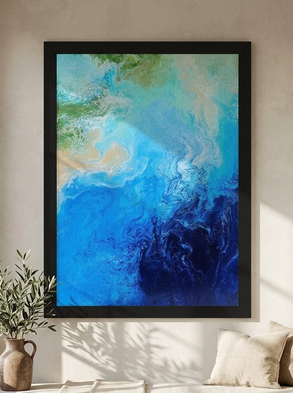 Oversized statement modern wall art print styled on the wall in a Mediterranean living room