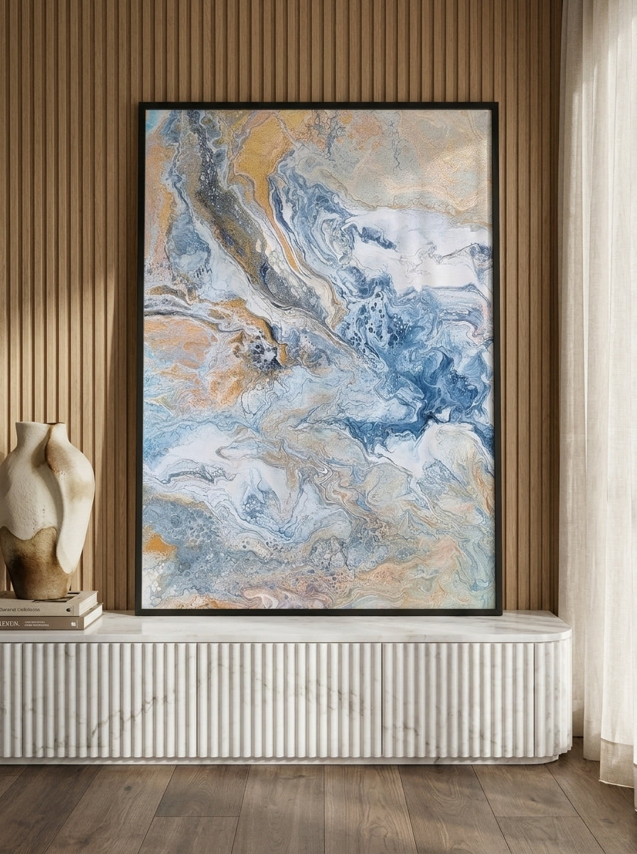 Modern wall art print standing on a sideboard in a luxe bedroom