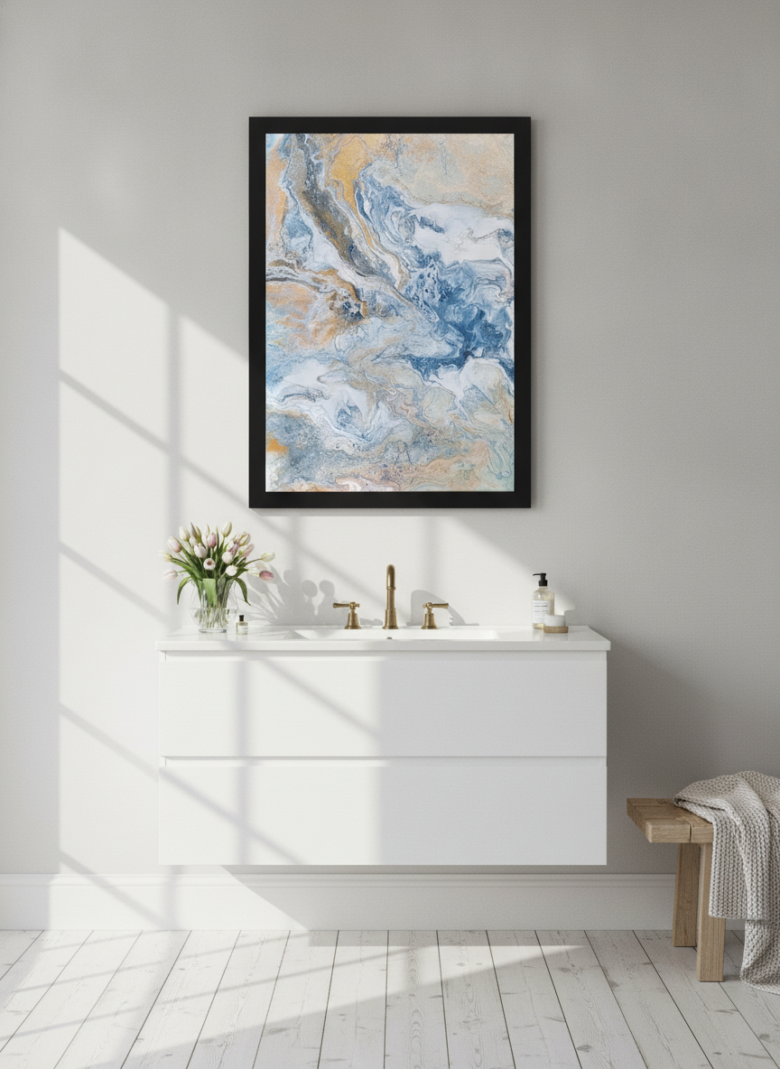 Modern wall art print styled on the wall in a bright Scandinavian bathroom