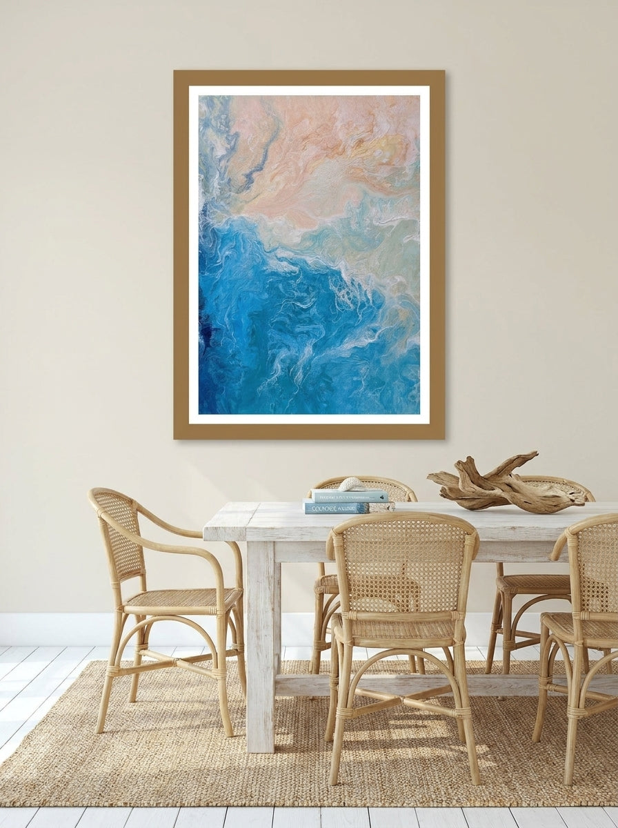 Modern wall art print styled on the wall in a coastal dining room