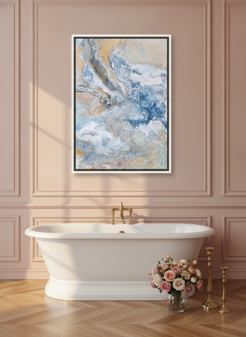 Canvas wall art with a white surround styled on the wall in a Parisian bathroom