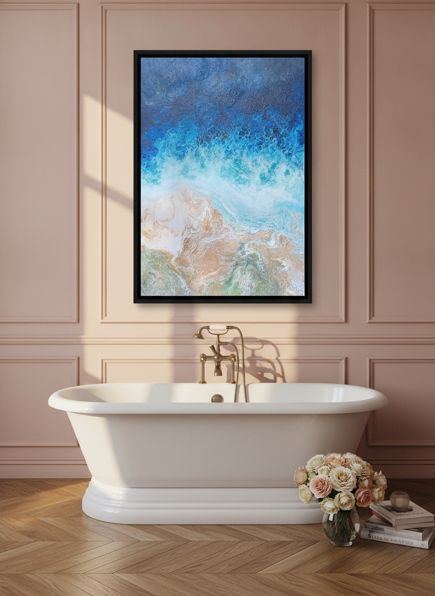 Canvas wall art with a black surround styled on the wall in a Parisian bathroom