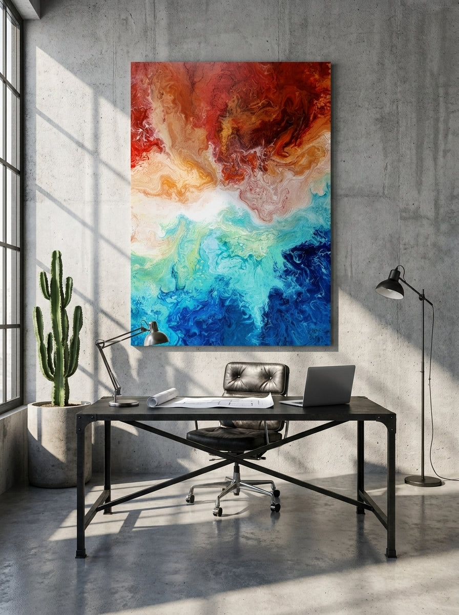 Stretched canvas wall art styled on the wall in an industrial loft home office