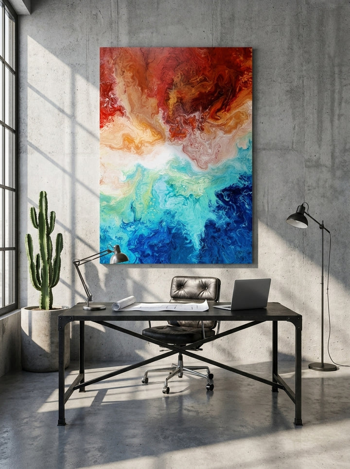 Stretched canvas wall art styled on the wall in an industrial loft home office