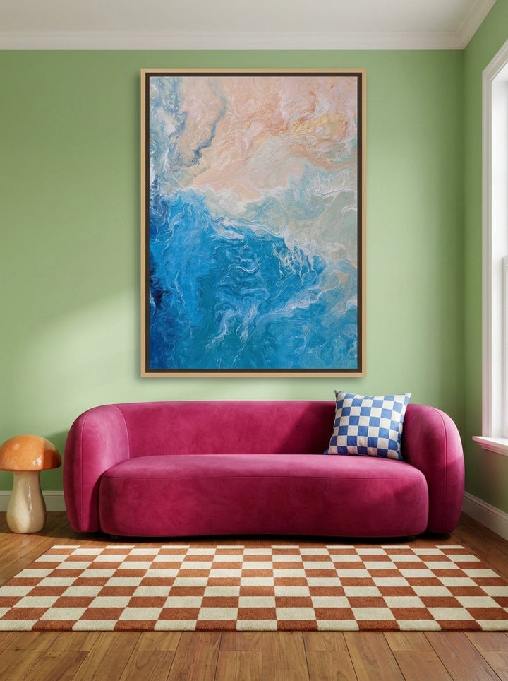 Oversized statement canvas wall art with a natural timber surround styled on the wall in a colourful eclectic living room