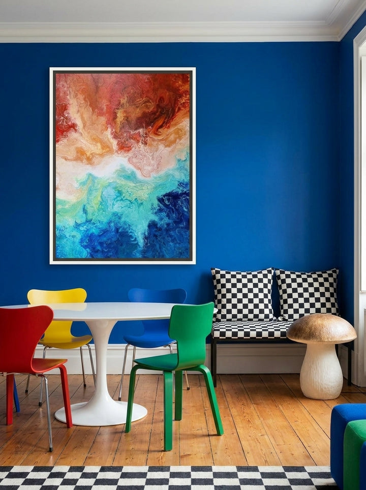 Oversized statement canvas wall art with a white surround styled on the wall in a colourful eclectic dining room