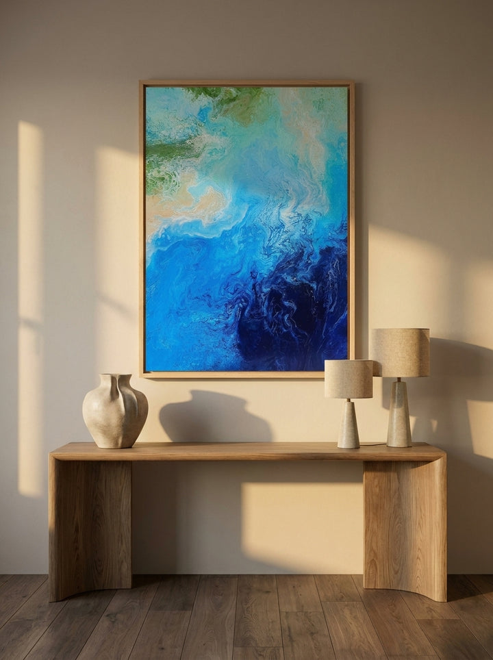 Modern wall art print styled on the wall in a luxe home office