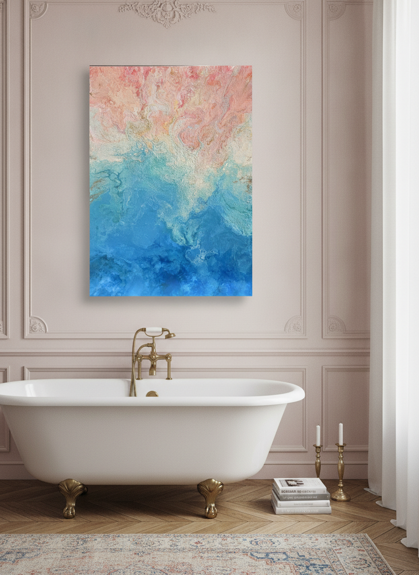 Stretched canvas wall art styled on the wall in a Parisian bathroom