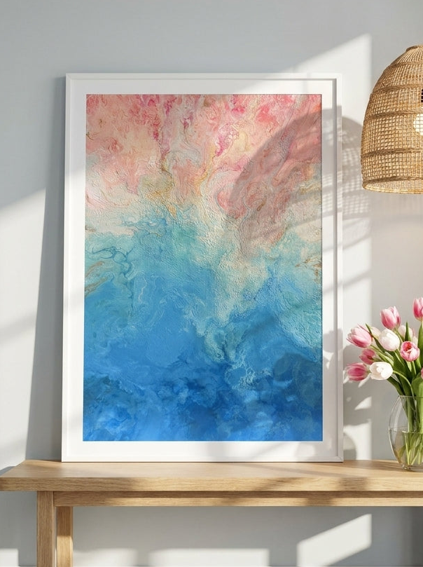 Modern wall art print standing on a bench in a bright Scandinavian bathroom