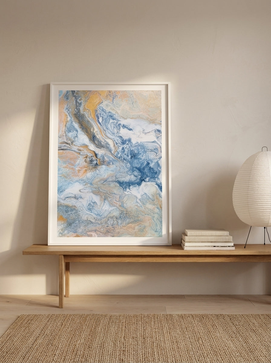 Modern wall art print standing on a bench in a warm Japandi home office