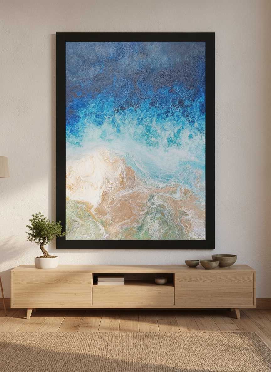 Oversized statement modern wall art print styled on the wall in a warm Japandi living room