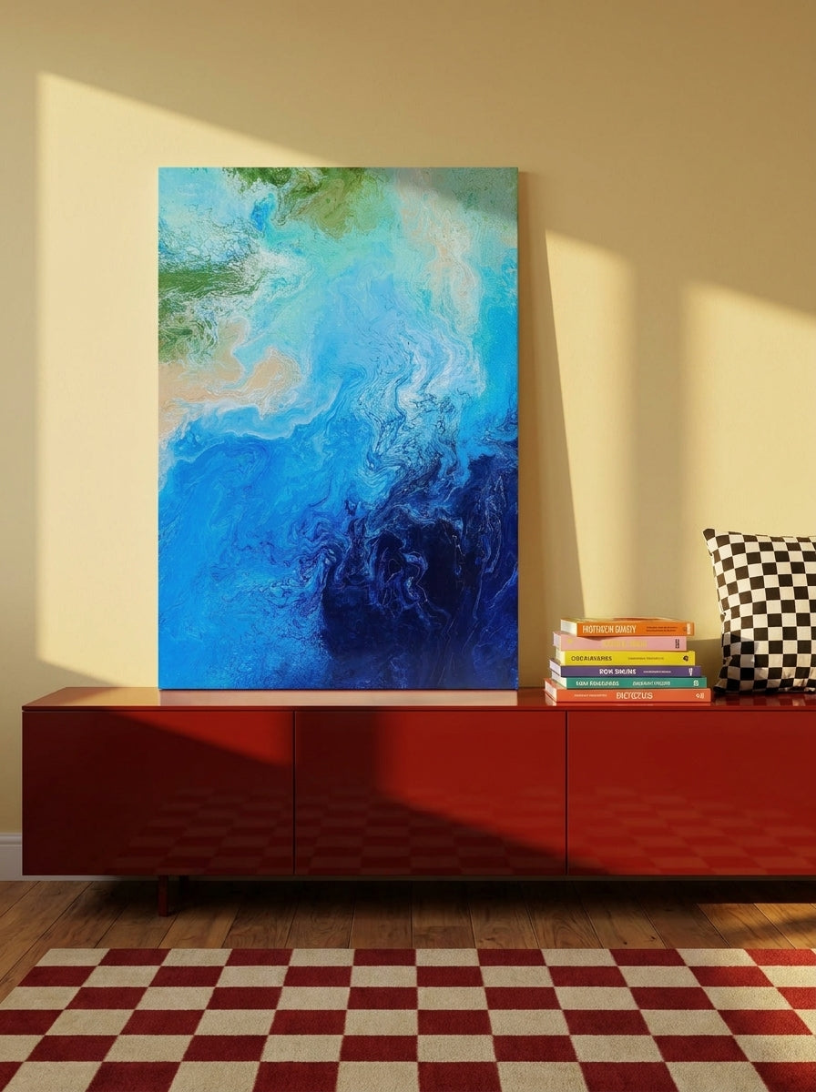 Stretched canvas wall art standing on a sideboard in a colourful eclectic bedroom