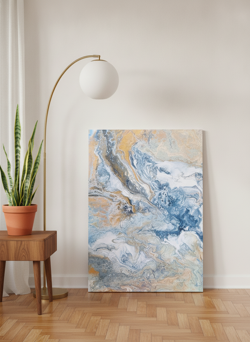 Stretched canvas wall art leaning against the wall in a mid-century bedroom