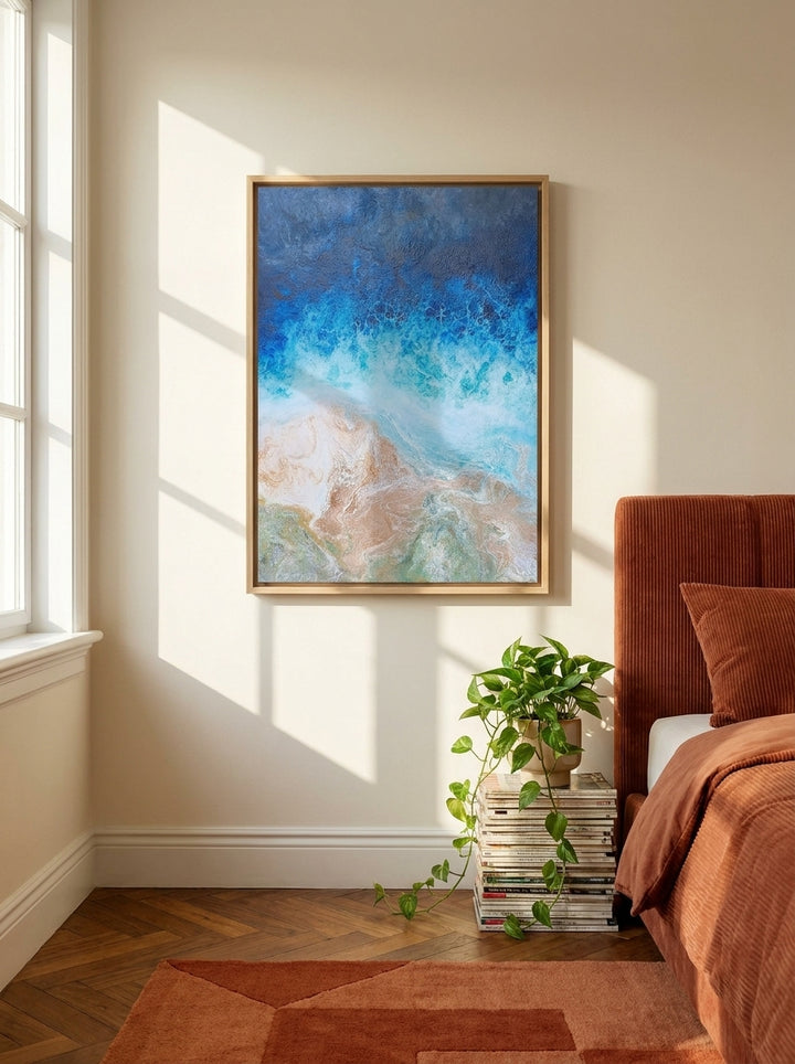 Canvas wall art with a natural timber surround styled on the wall in a retro 70s bedroom
