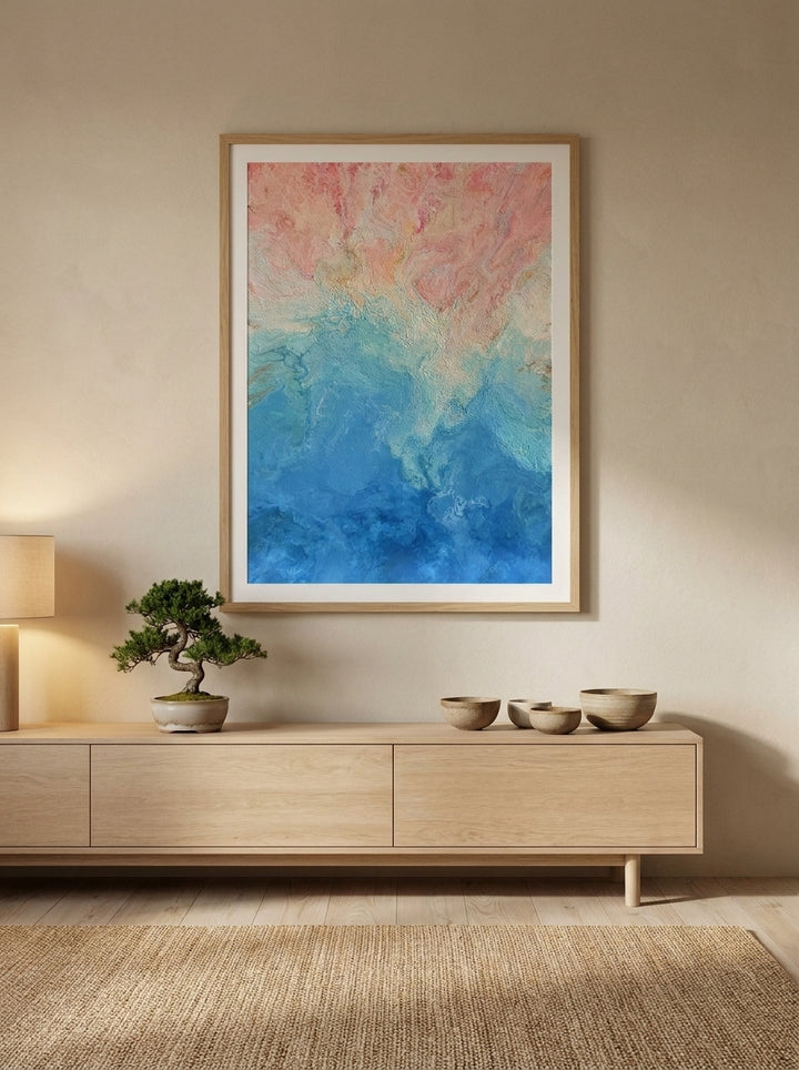 Modern wall art print styled on the wall in a warm Japandi living room