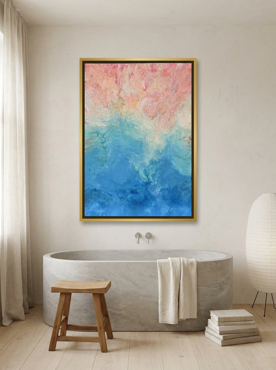 Canvas wall art with a gold leaf surround styled on the wall in a warm Japandi bathroom