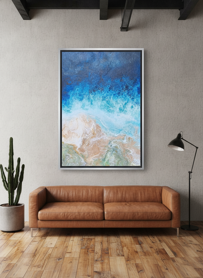 Oversized statement canvas wall art with a silver leaf surround styled on the wall in an industrial loft living room