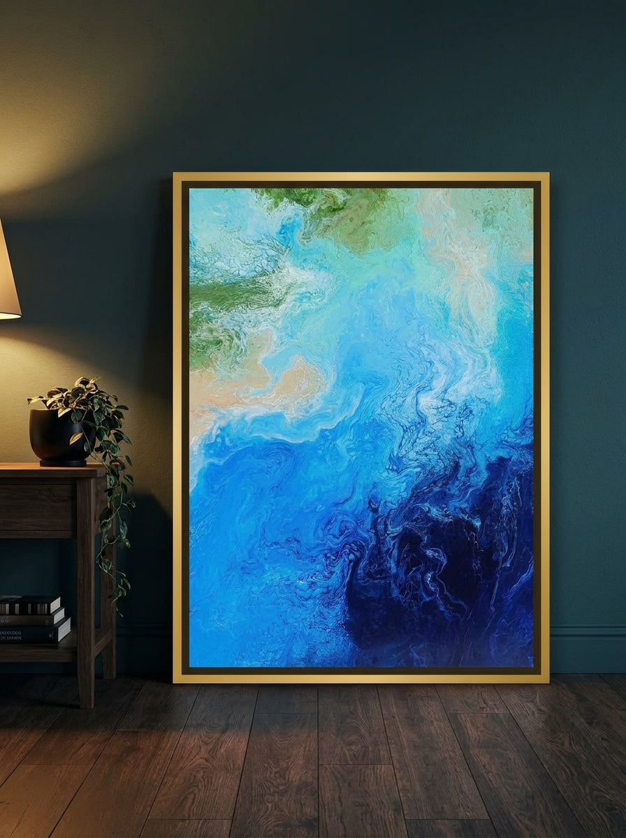 Oversized statement canvas wall art with a gold leaf surround leaning against the wall in a moody bedroom