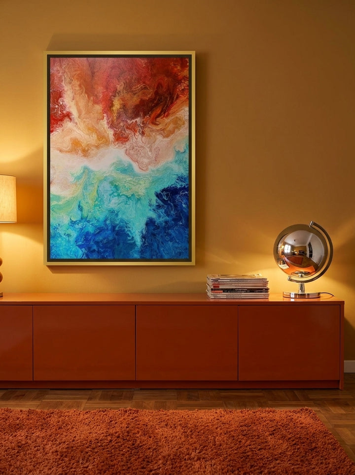 Canvas wall art with a gold leaf surround styled on the wall in a retro 70s living room