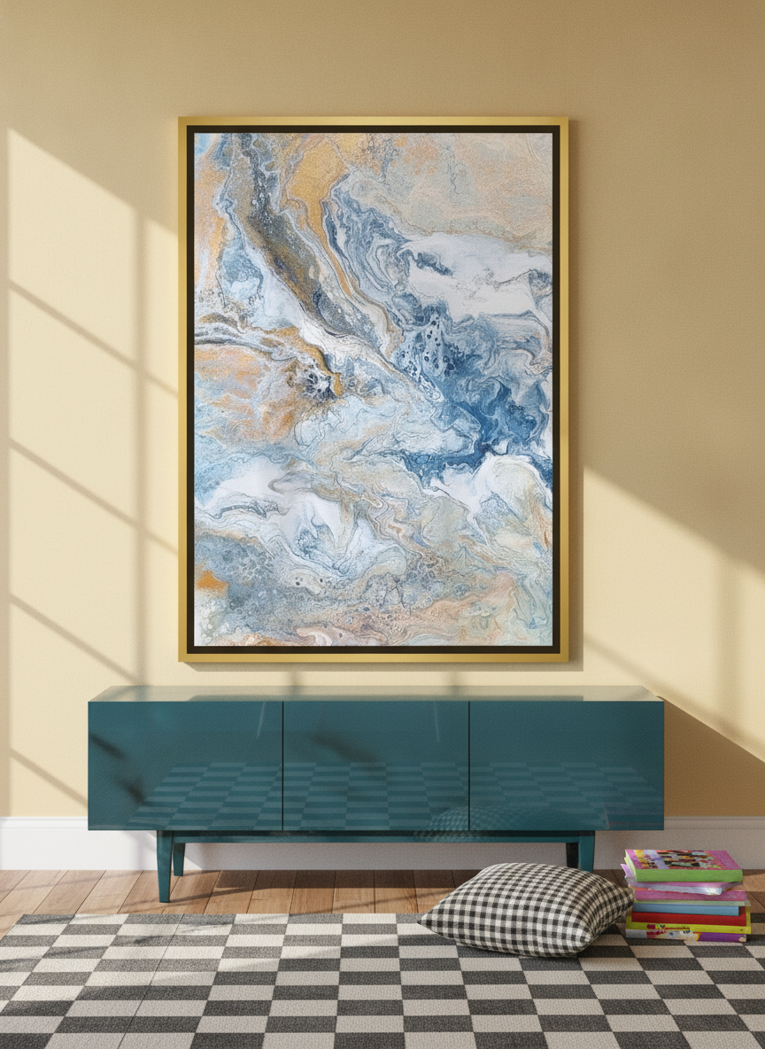 Oversized statement canvas wall art with a gold leaf surround styled on the wall in a colourful eclectic living room