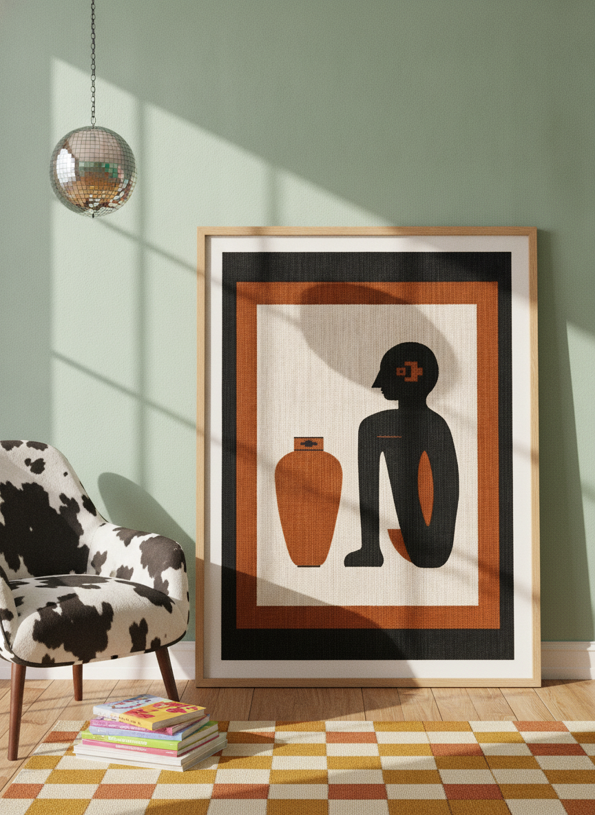 Modern wall art print leaning against the wall in a colourful eclectic bedroom