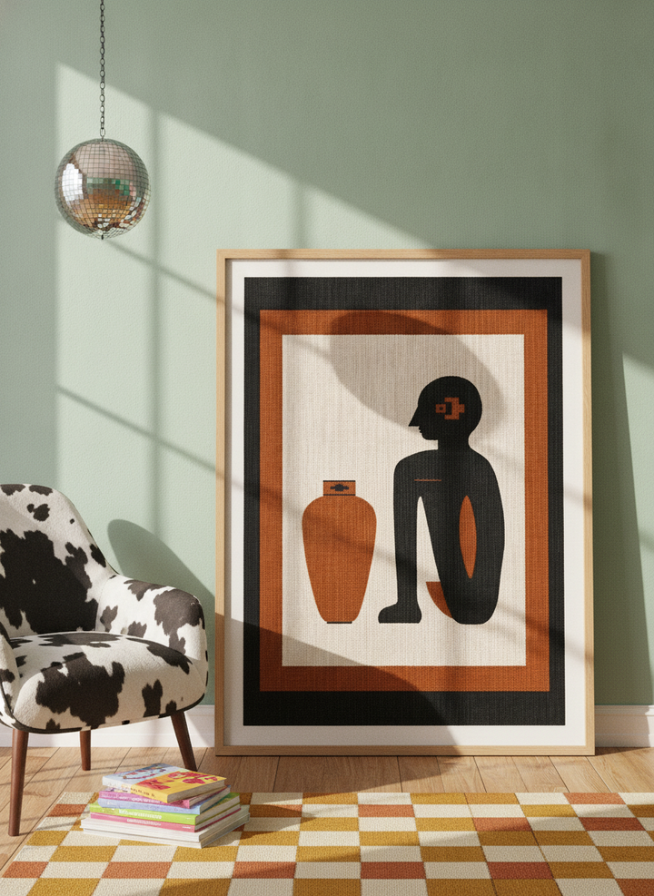 Modern wall art print leaning against the wall in a colourful eclectic bedroom