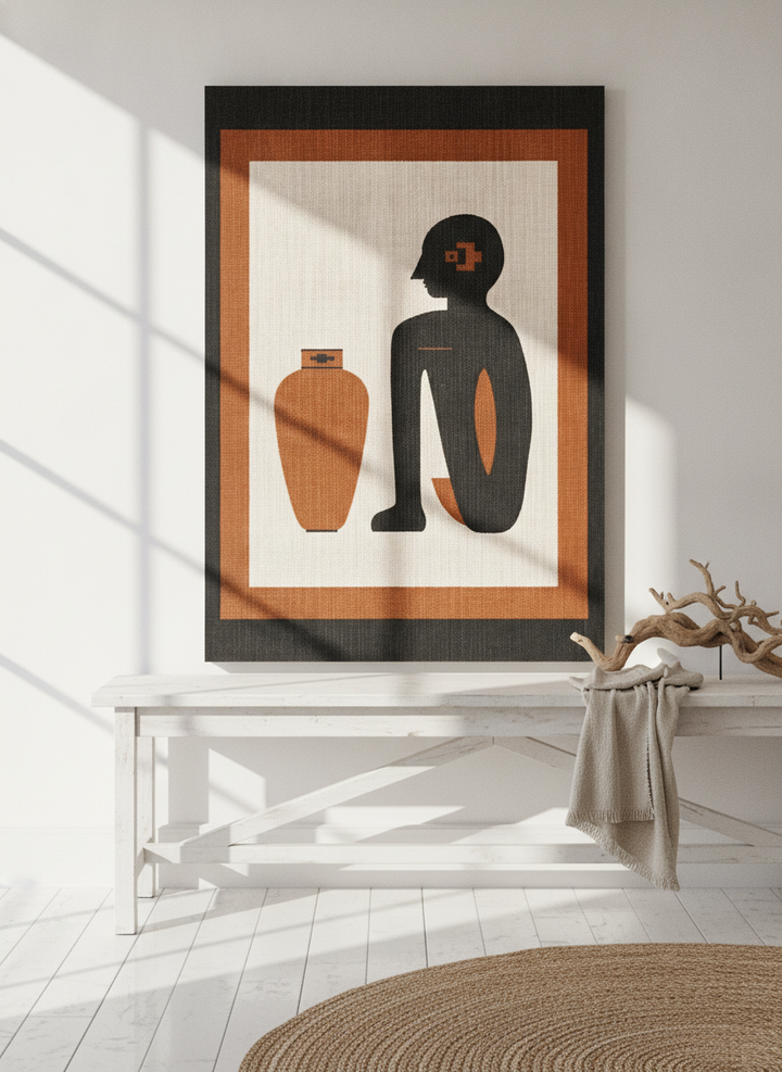 Stretched canvas wall art standing on a console in a coastal home office