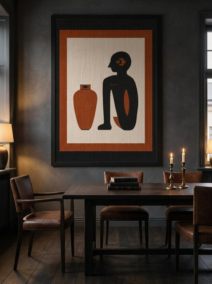 Oversized statement modern wall art print styled on the wall in a moody dining room
