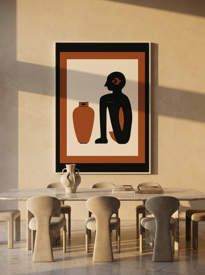 Oversized statement modern wall art print styled on the wall in a luxe dining room