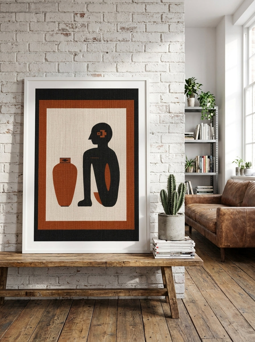 Modern wall art print standing on a bench in an industrial loft living room